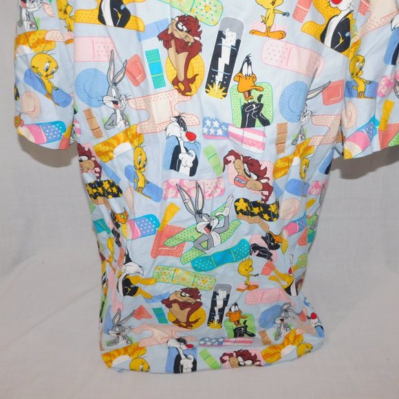 Looney Tunes Womens XL Scrub Top Shirt Band Aids Taz Bugs Bunny Tweety Daffy - Picture 14 of 14